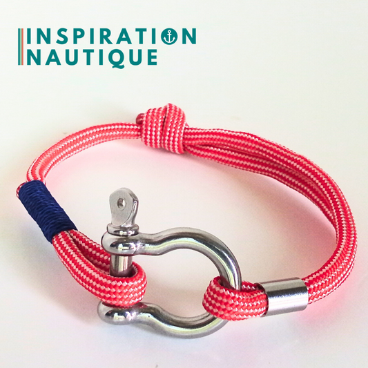 Bracelet marin avec manille en paracorde 550 et acier inoxydable, ajustable, Rouge et blanc, ligné, surliure marine, Medium