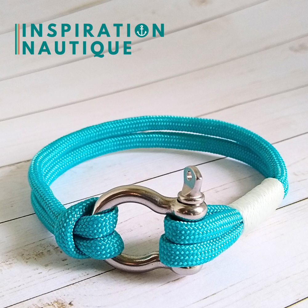 Bracelet marin avec manille en paracorde 550 et acier inoxydable, Turquoise, surliure blanche, Medium-Large