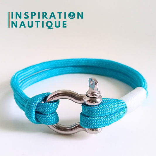 Bracelet marin avec manille en paracorde 550 et acier inoxydable, Turquoise, surliure blanche, Medium-Large
