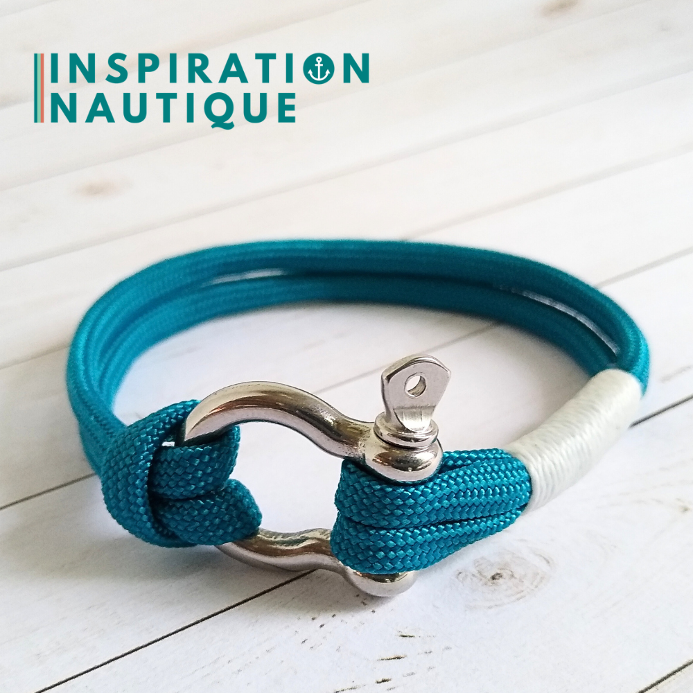 Bracelet marin avec manille en paracorde 550 et acier inoxydable, bleu Caraïbes, surliure blanche, Medium-Large