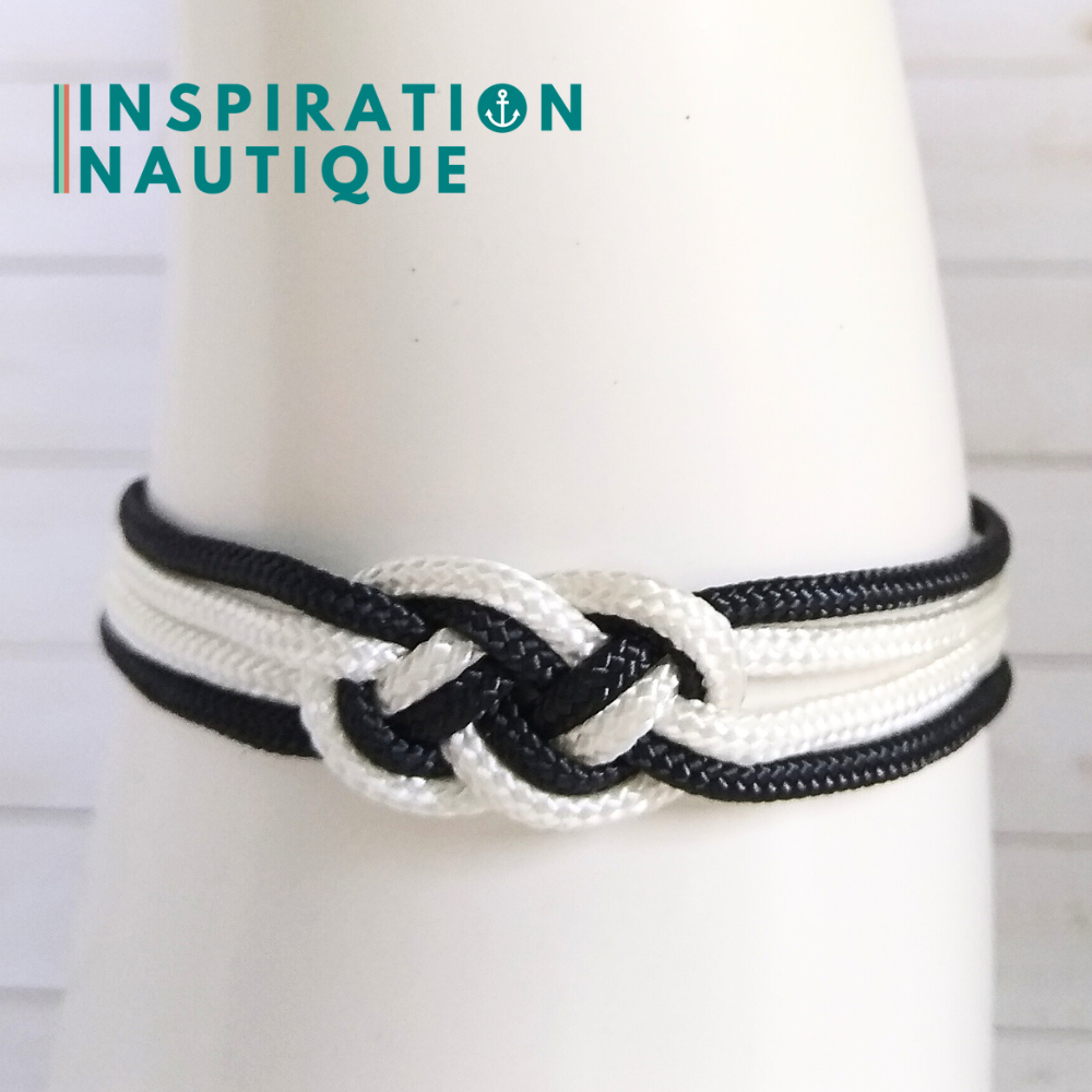 Bracelet marin avec mini noeud de carrick double, Noir et blanc, Medium