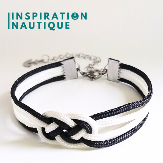 Bracelet marin avec mini noeud de carrick double, Noir et blanc, Medium