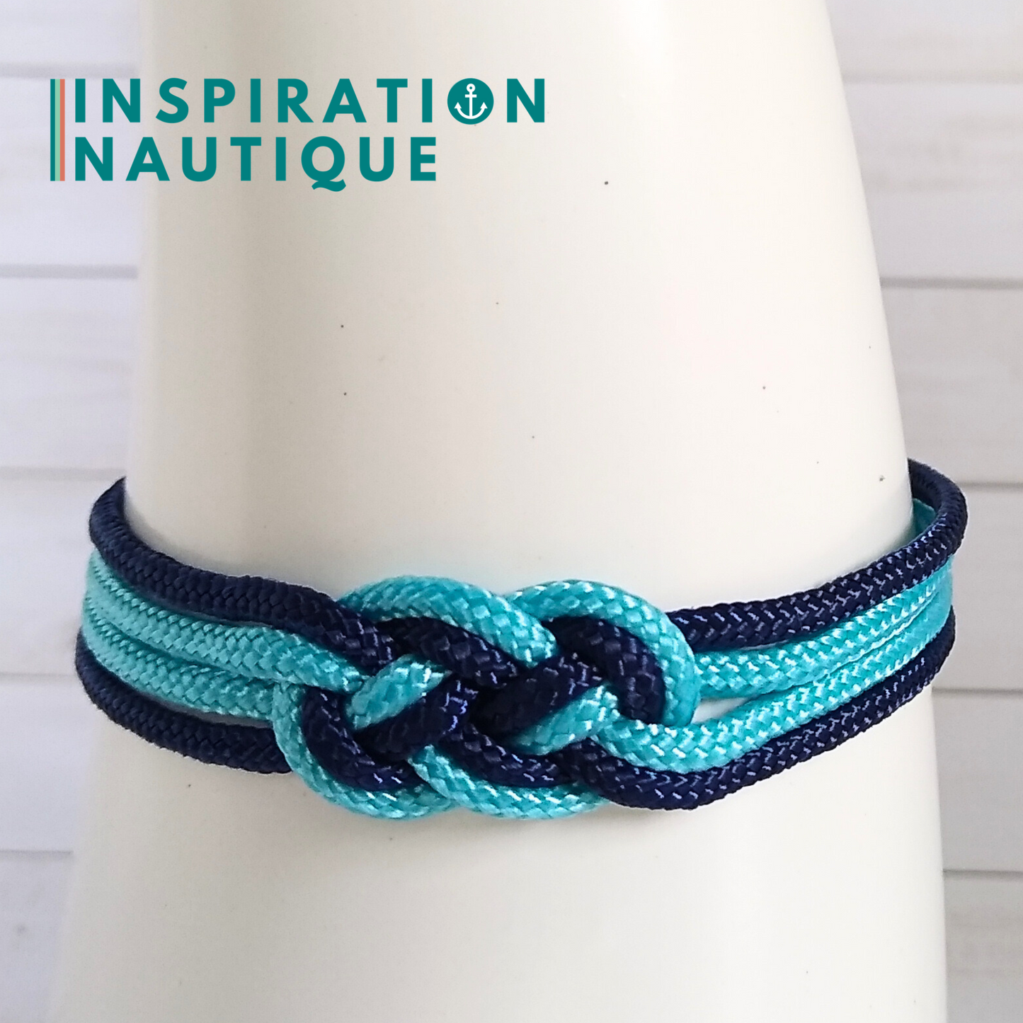 Bracelet marin avec mini noeud de carrick double, Turquoise et marine, Medium