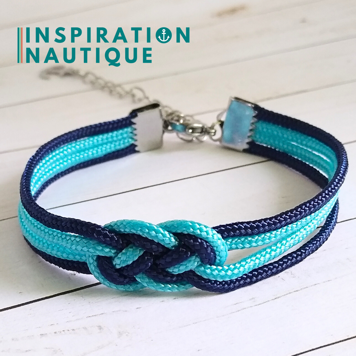 Bracelet marin avec mini noeud de carrick double, Turquoise et marine, Medium
