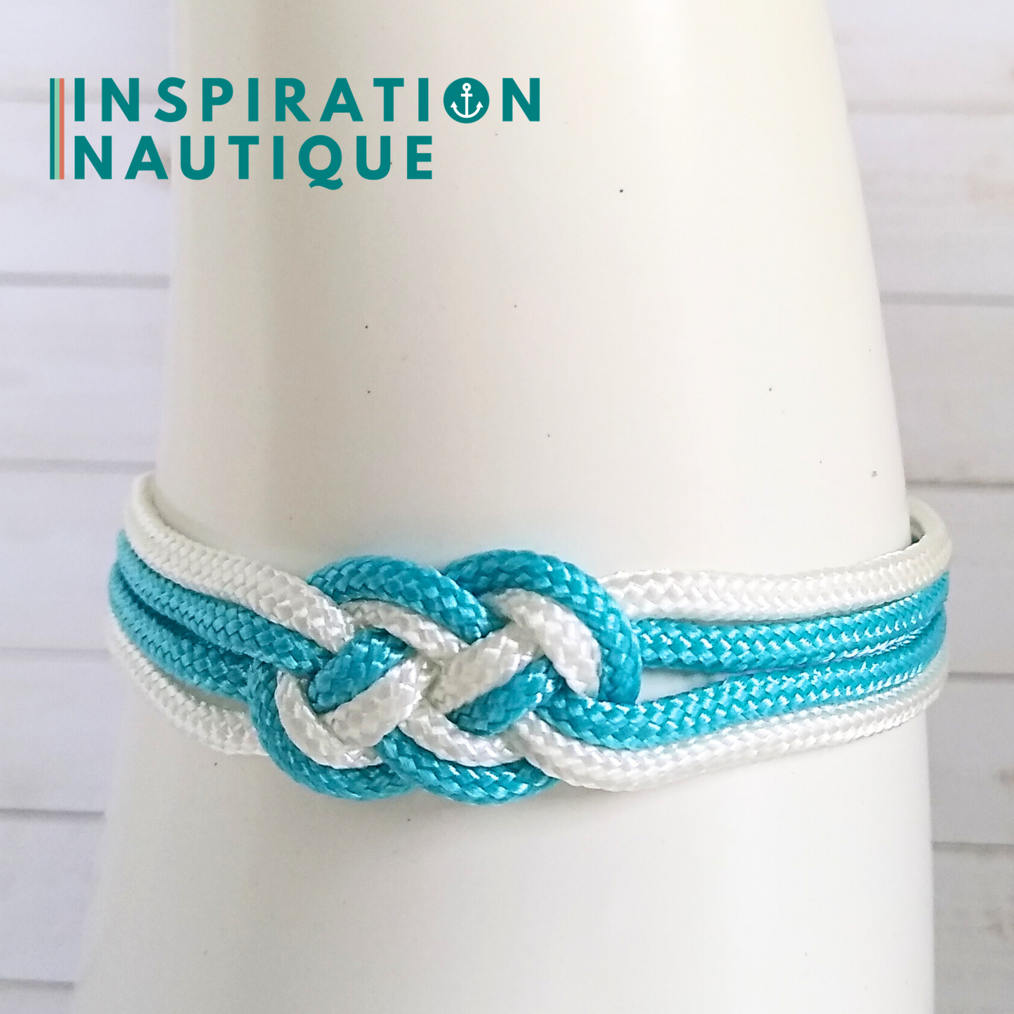 Bracelet marin avec mini noeud de carrick double, Turquoise et blanc, Small