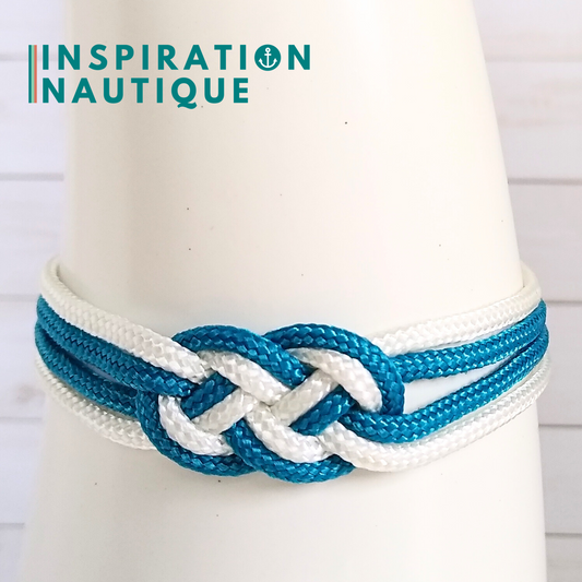 Bracelet marin avec mini noeud de carrick double, en petite paracorde et acier inoxydable, Bleu Caraïbes et blanc