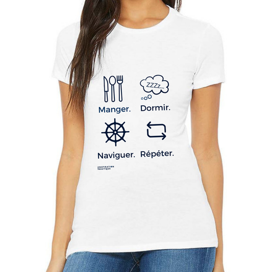 T-shirt femme - Manger, dormir, naviguer, répéter (roue) - Visuel marine