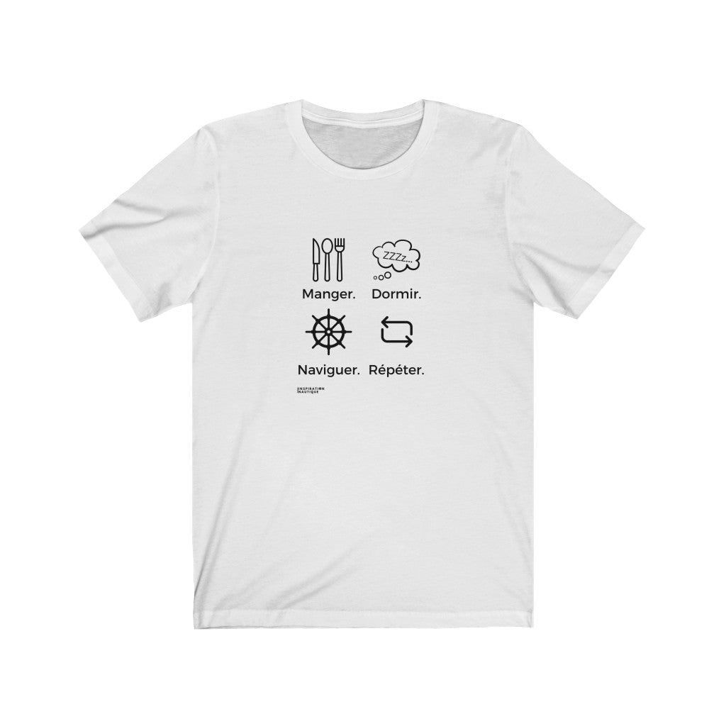 T-shirt unisexe : Manger, dormir, naviguer, répéter (roue) - Visuel noir