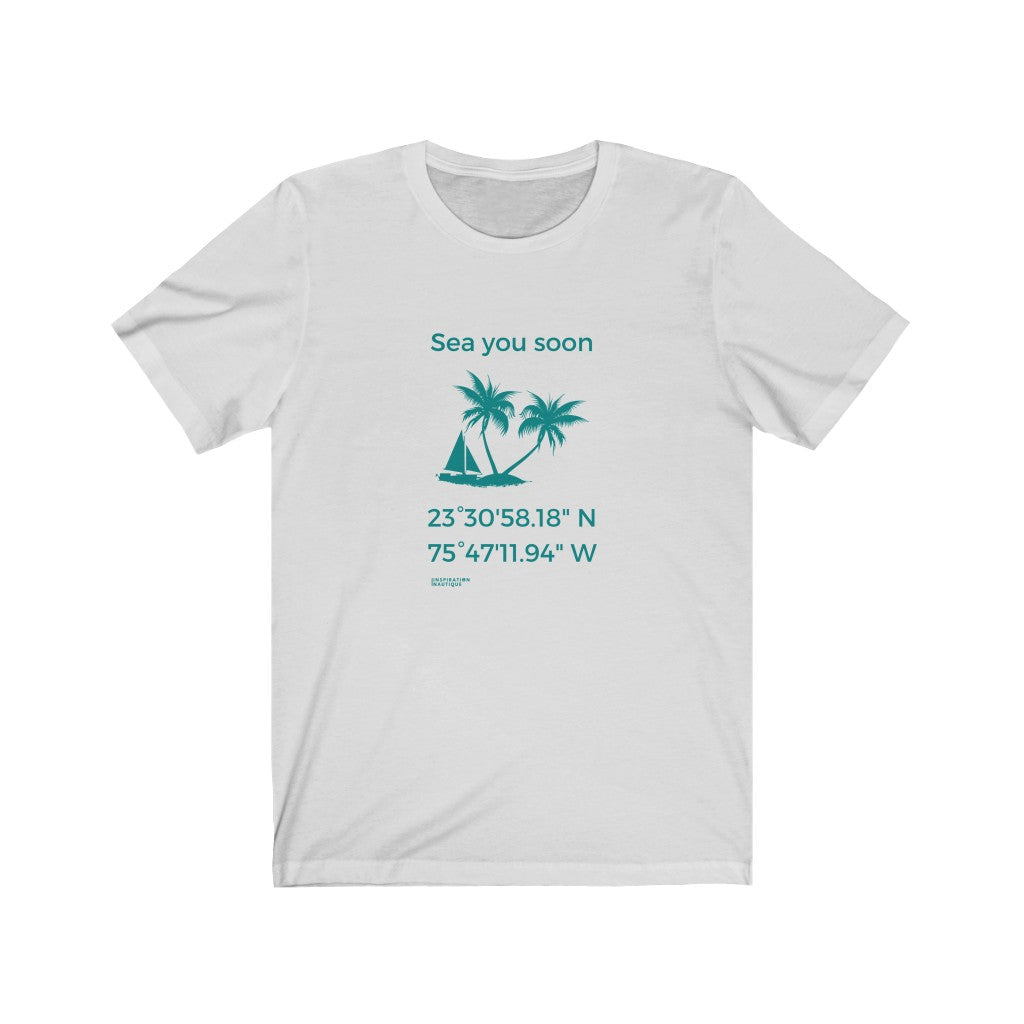 T-shirt unisexe : Sea you soon (voilier et île) - Visuel sarcelle