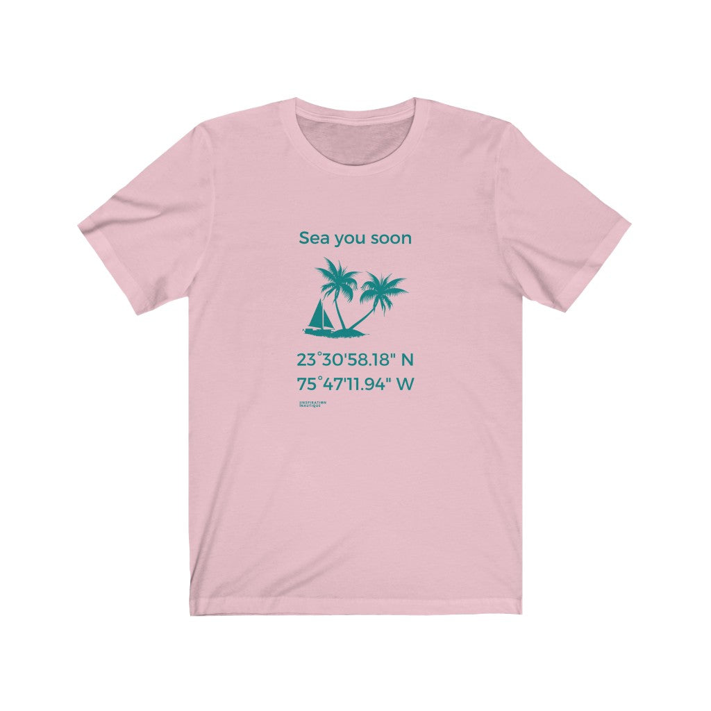 Unisex t-shirt: Sea you soon (sailboat and island) - Teal visual
