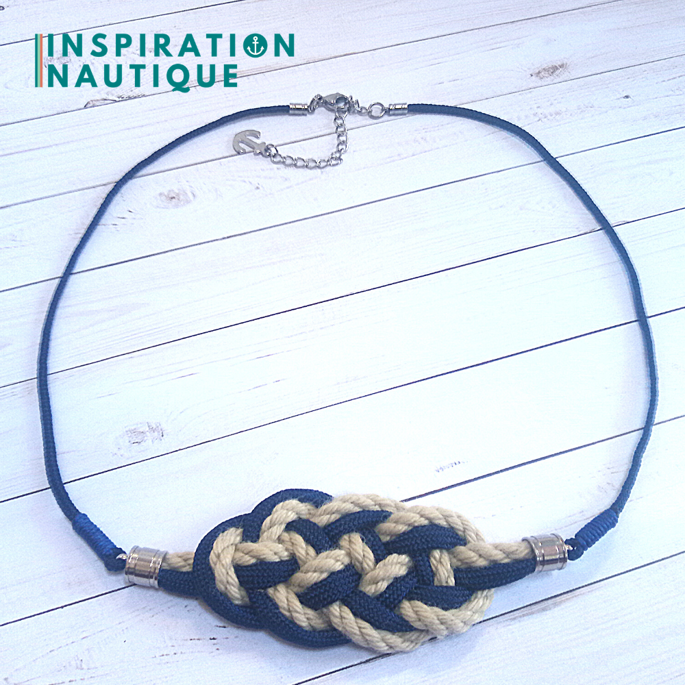 Collier marin avec noeud de carrick en cordage de bateau vintage, paracorde et acier inoxydable, Naturel et marine