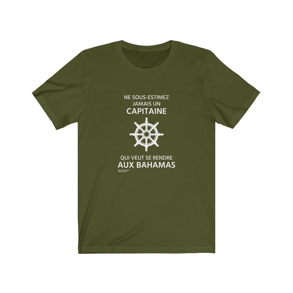 Unisex T-shirt: Never underestimate a captain who wants to go to the Bahamas - White visual (wheel)