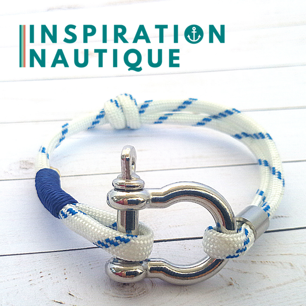 Bracelet marin avec manille en paracorde 550 et acier inoxydable, ajustable, Blanc avec traceur bleu, Surliure marine, Medium