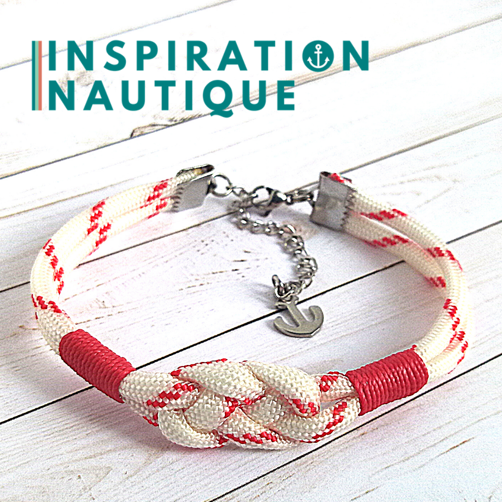 Bracelet marin avec noeud de carrick, unisexe, en paracorde 550 et acier inoxydable, Blanc avec traceur rouge