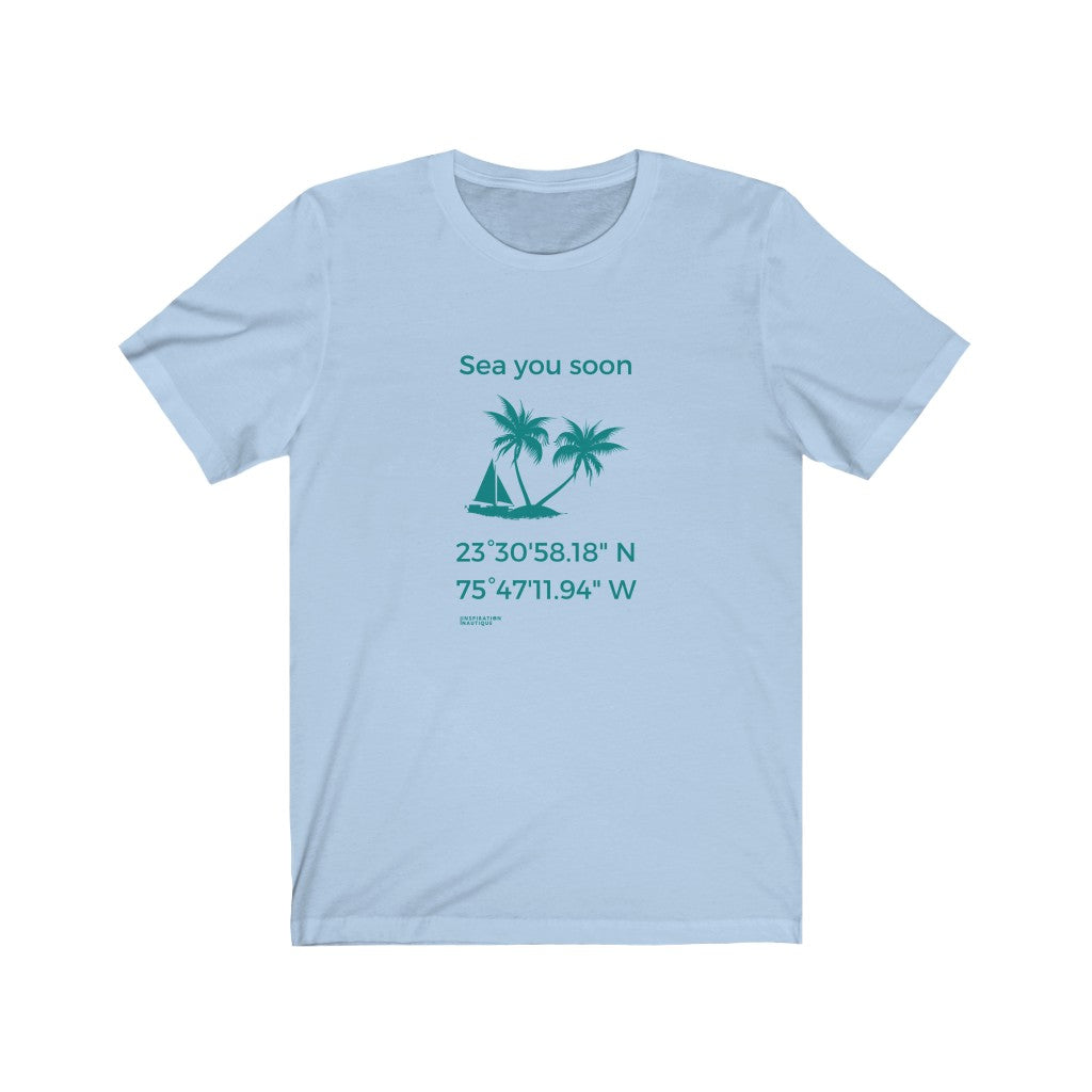 Unisex t-shirt: Sea you soon (sailboat and island) - Teal visual