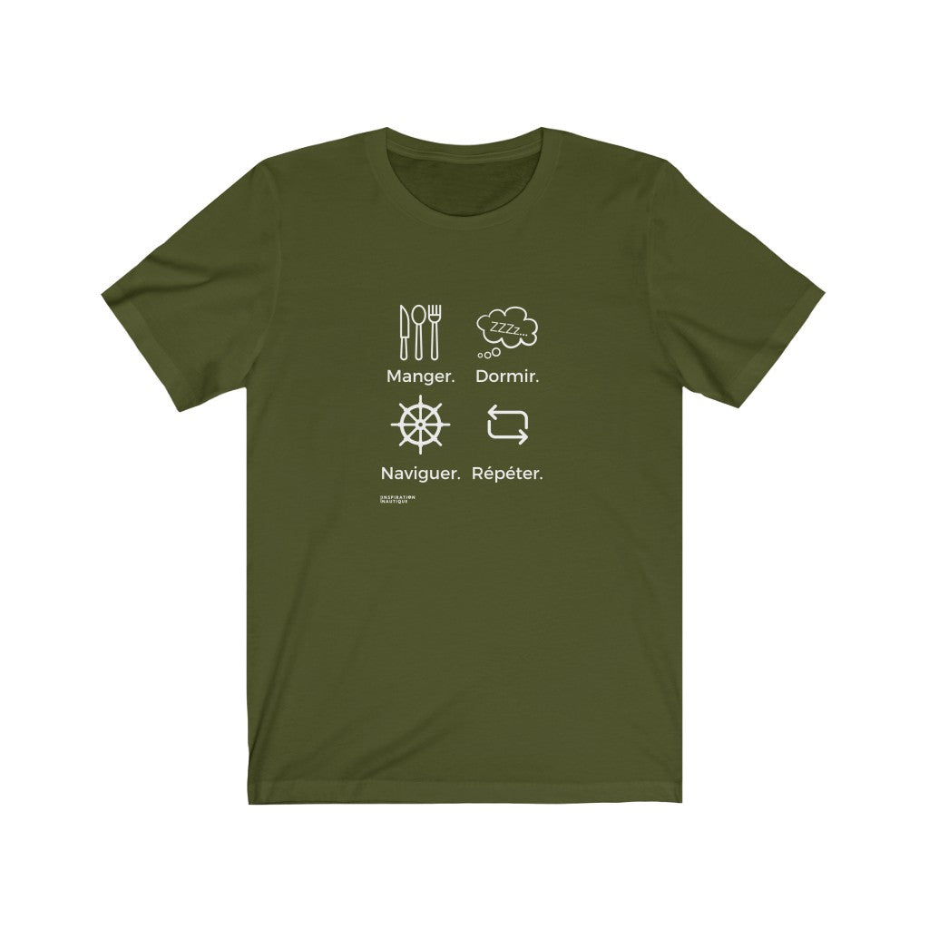 T-shirt unisexe : Manger, dormir, naviguer, répéter (roue) - Visuel blanc