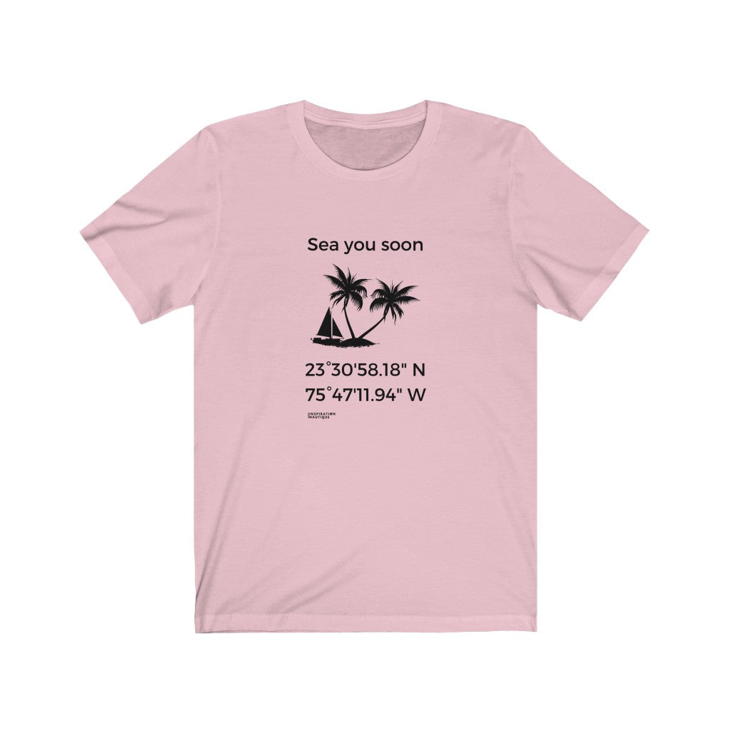 T-shirt unisexe : Sea you soon (voilier et île) - Visuel noir