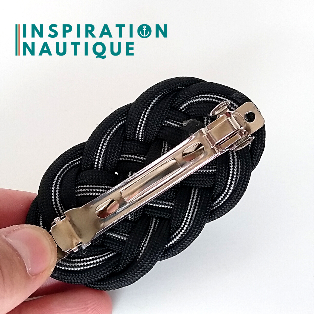 Barrette au style marin composée d'une baderne en paracorde 550, Noir et noir et argenté, ligné