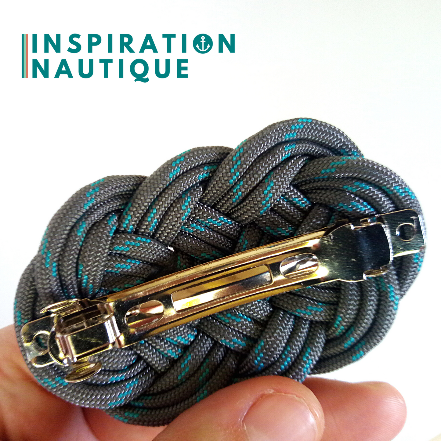 Barrette au style marin composée d'une baderne en paracorde 550, Gris avec traceur turquoise