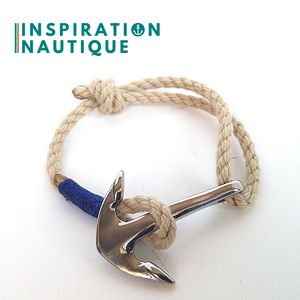 Bracelet marin avec ancre pour homme ou femme en cordage de bateau vintage et acier inoxydable fait au Québec