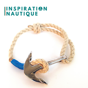 Bracelet marin avec ancre pour homme ou femme en cordage de bateau vintage et acier inoxydable fait au Québec