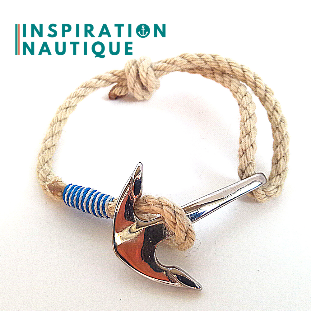 Bracelet marin avec ancre en cordage de bateau et acier inoxydable, ajustable, Naturel, Surliure bleue et blanche, Medium