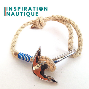 Prêt-à-partir | Bracelet marin avec ancre pour homme ou femme en cordage de bateau et acier inoxydable, ajustable, Naturel, Surliure bleue et blanche, Medium