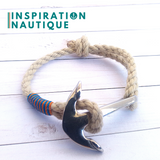 Bracelet marin avec ancre pour homme ou femme en cordage de bateau vintage et acier inoxydable fait au Québec