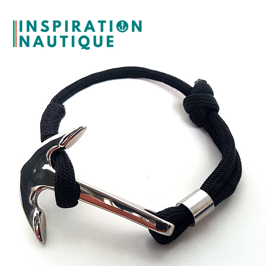 Bracelet marin avec ancre en paracorde 550 et acier inoxydable, ajustable, Noir, Surliure noire, Medium