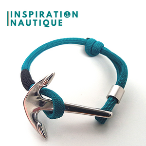 Prêt-à-partir | Bracelet marin avec ancre pour homme ou femme en paracorde 550 et acier inoxydable, ajustable, Sarcelle, Surliure noire, Small