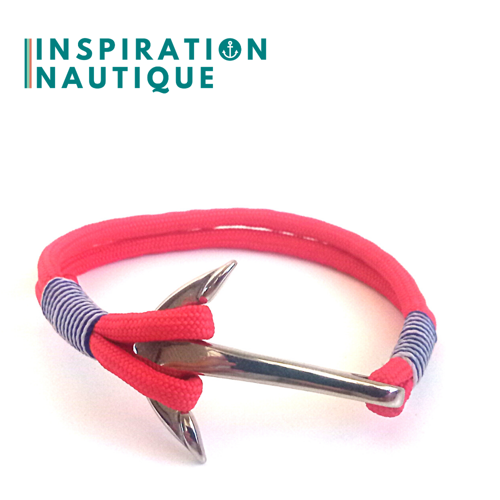 Bracelet marin avec ancre en paracorde 550 et acier inoxydable, Rouge, Surliure marine et blanche, Medium-Large