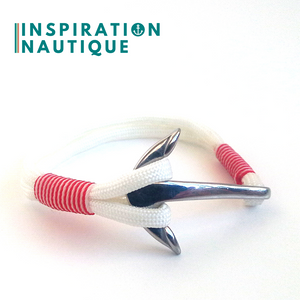 Prêt-à-partir | Bracelet marin avec ancre pour homme ou femme en paracorde 550 et acier inoxydable, Blanc, Surliure rouge et blanche, Small-Medium