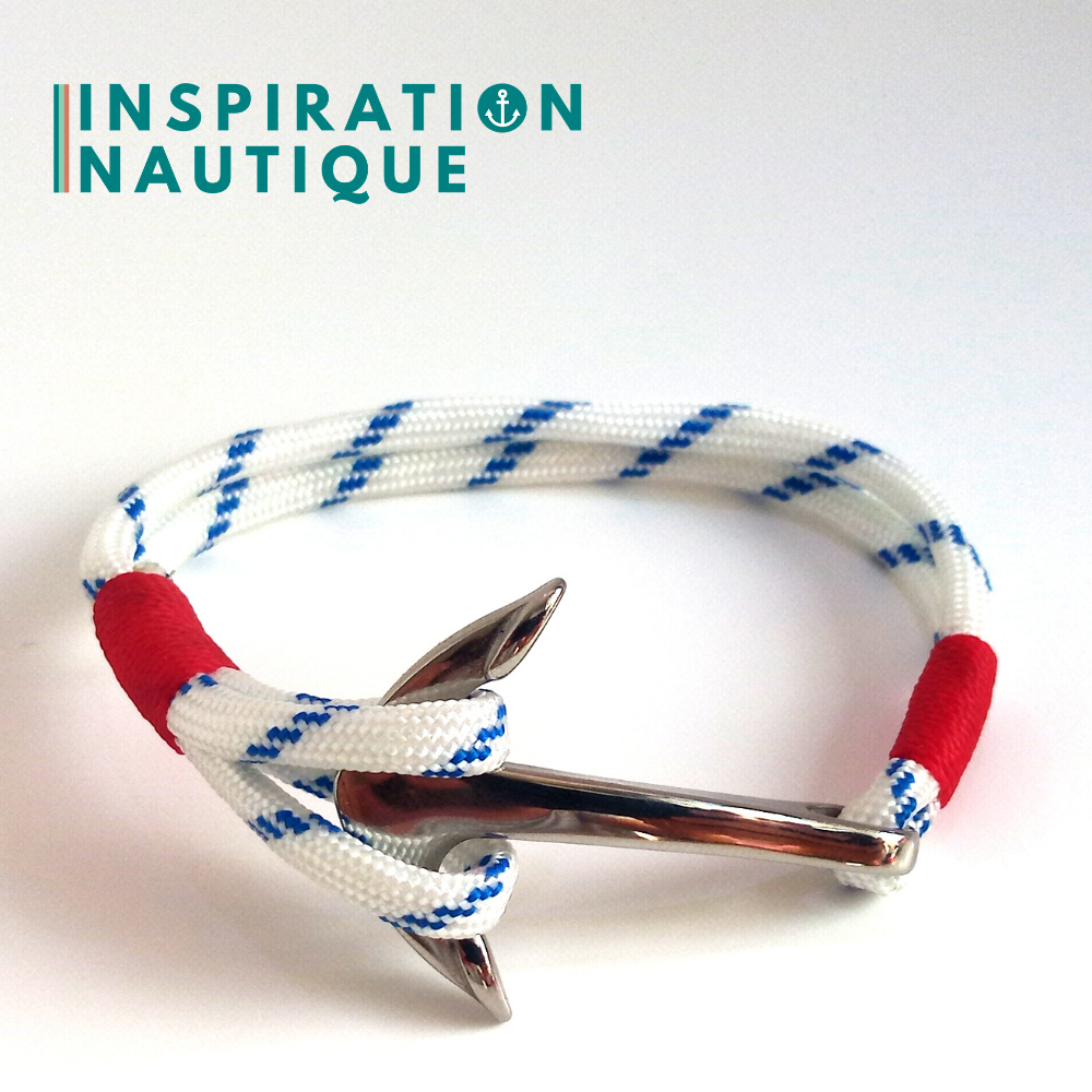 Bracelet marin avec ancre en paracorde 550 et acier inoxydable, Blanc avec traceur bleu, Surliure rouge, Small-Medium