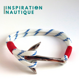 Prêt-à-partir | Bracelet marin avec ancre pour homme ou femme en paracorde 550 et acier inoxydable, Blanc avec traceur bleu, Surliure rouge, Small-Medium