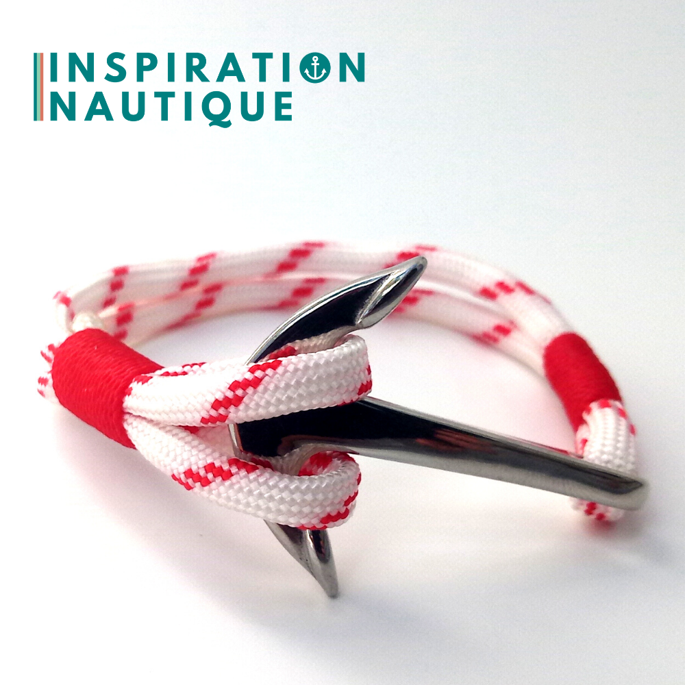 Bracelet marin avec ancre en paracorde 550 et acier inoxydable, Blanc avec traceur rouge, Surliure rouge, Small