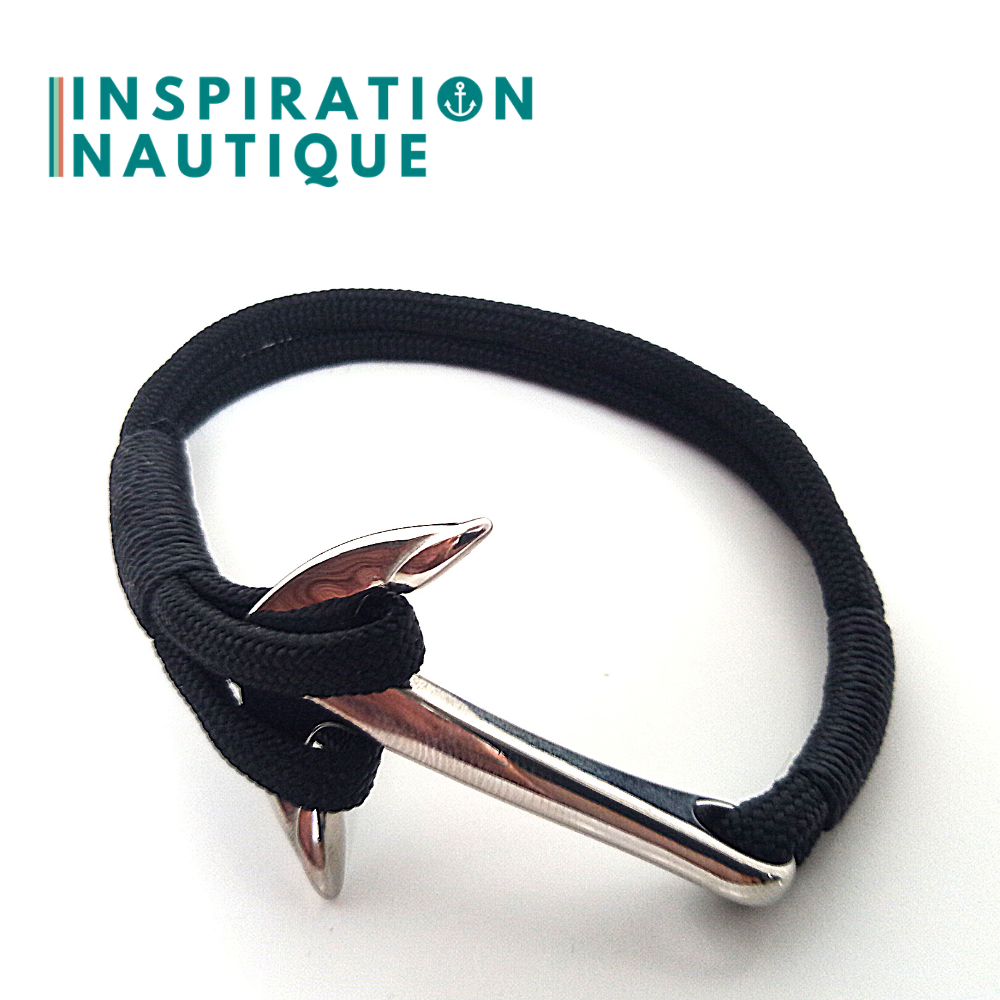Bracelet marin avec ancre en paracorde 550 et acier inoxydable, Noir, Surliure noire, Medium