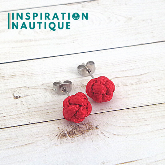 Boucles d'oreilles nautiques, boutons en noeud de sifflet de bosco, Rouges