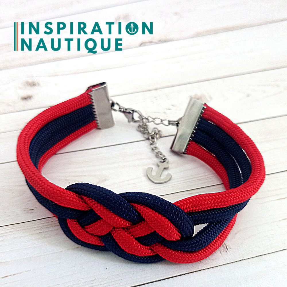 Bracelet marin avec noeud de carrick double unisexe, en paracorde 550 et acier inoxydable, Marine et rouge