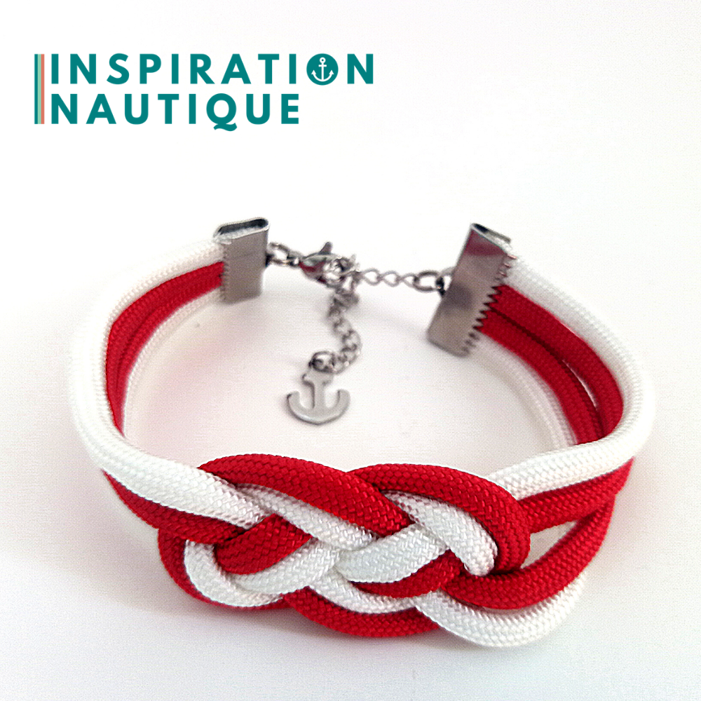 Bracelet marin avec noeud de carrick double unisexe, en paracorde 550 et acier inoxydable, Rouge et blanc