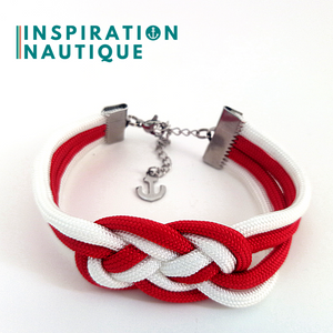 Prêt-à-partir | Bracelet marin avec noeud de carrick double unisexe, en paracorde 550 et acier inoxydable, Rouge et blanc, Medium