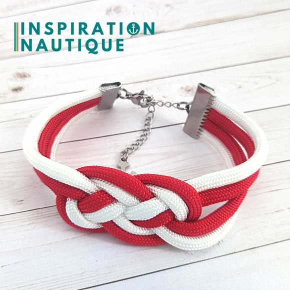Bracelet marin avec noeud de carrick double unisexe, en paracorde 550 et acier inoxydable, Rouge et blanc
