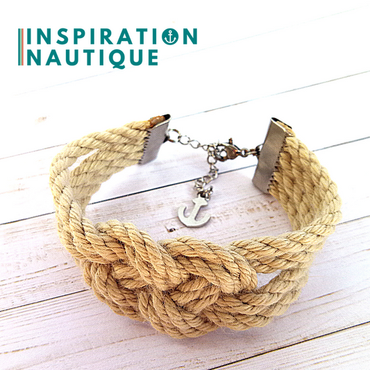 Bracelet marin avec noeud de carrick double unisexe, en cordage de bateau authentique et acier inoxydable, Naturel