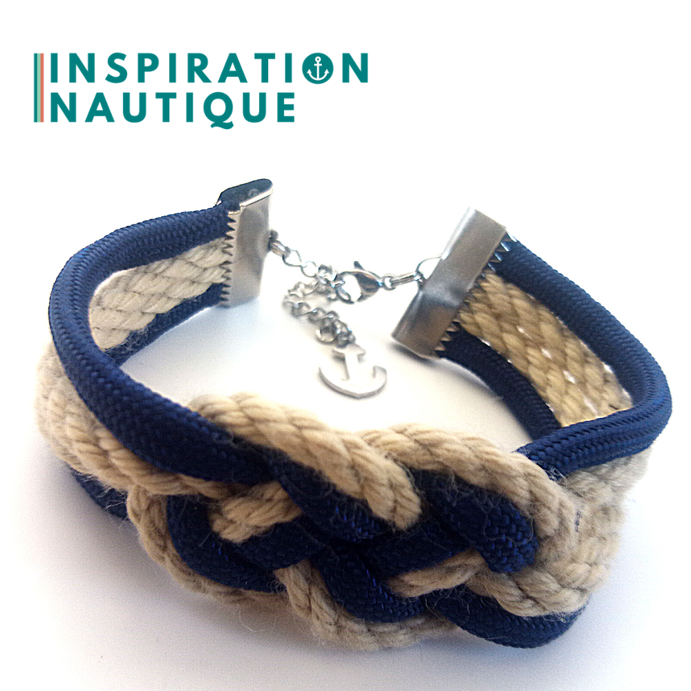 Marine bracelet with double carrick knot, in 550 paracord, authentic boat cordage, paracord, and stainless steel, Marine and natural