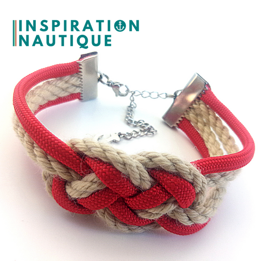 Bracelet marin avec noeud de carrick double, en paracorde 550, cordage de bateau authentique, paracorde et acier inoxydable, Rouge et naturel, Medium