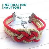 Bracelet marin avec noeud de carrick double unisexe, en paracorde 550, cordage de bateau authentique, paracorde et acier inoxydable, Rouge et naturel