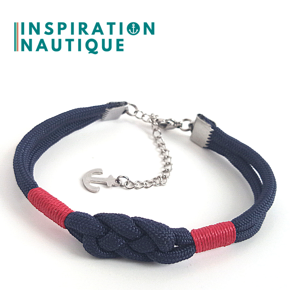 Bracelet marin avec noeud de carrick simple, en paracorde 550 et acier inoxydable, Marine, Surliures rouges, Medium