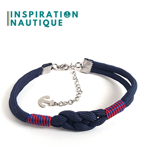 Prêt-à-partir | Bracelet marin avec noeud de carrick, unisexe, en paracorde 550 et acier inoxydable, Marine, Surliures marines et rouges, Medium