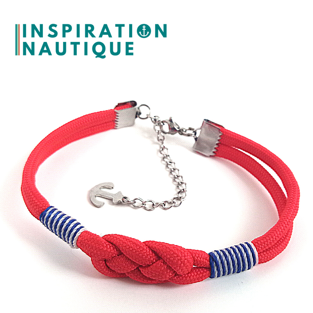 Bracelet marin avec noeud de carrick, unisexe, en paracorde 550 et acier inoxydable, Rouge