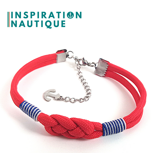 Bracelet marin avec noeud de carrick simple, en paracorde 550 et acier inoxydable, Rouge, Surliures marines et blanches, Medium