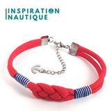 Prêt-à-partir | Bracelet marin avec noeud de carrick, unisexe, en paracorde 550 et acier inoxydable, Rouge, Surliures marines et blanches, Medium